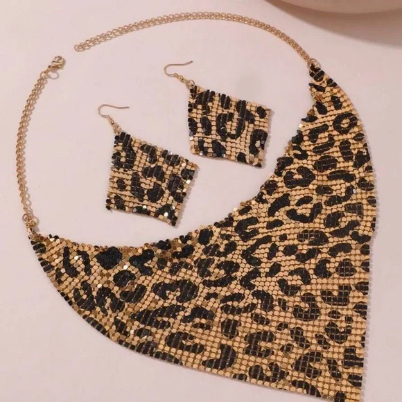 Leopard Print Gold Statement Necklace and Earring Set - Picture 2 of 3